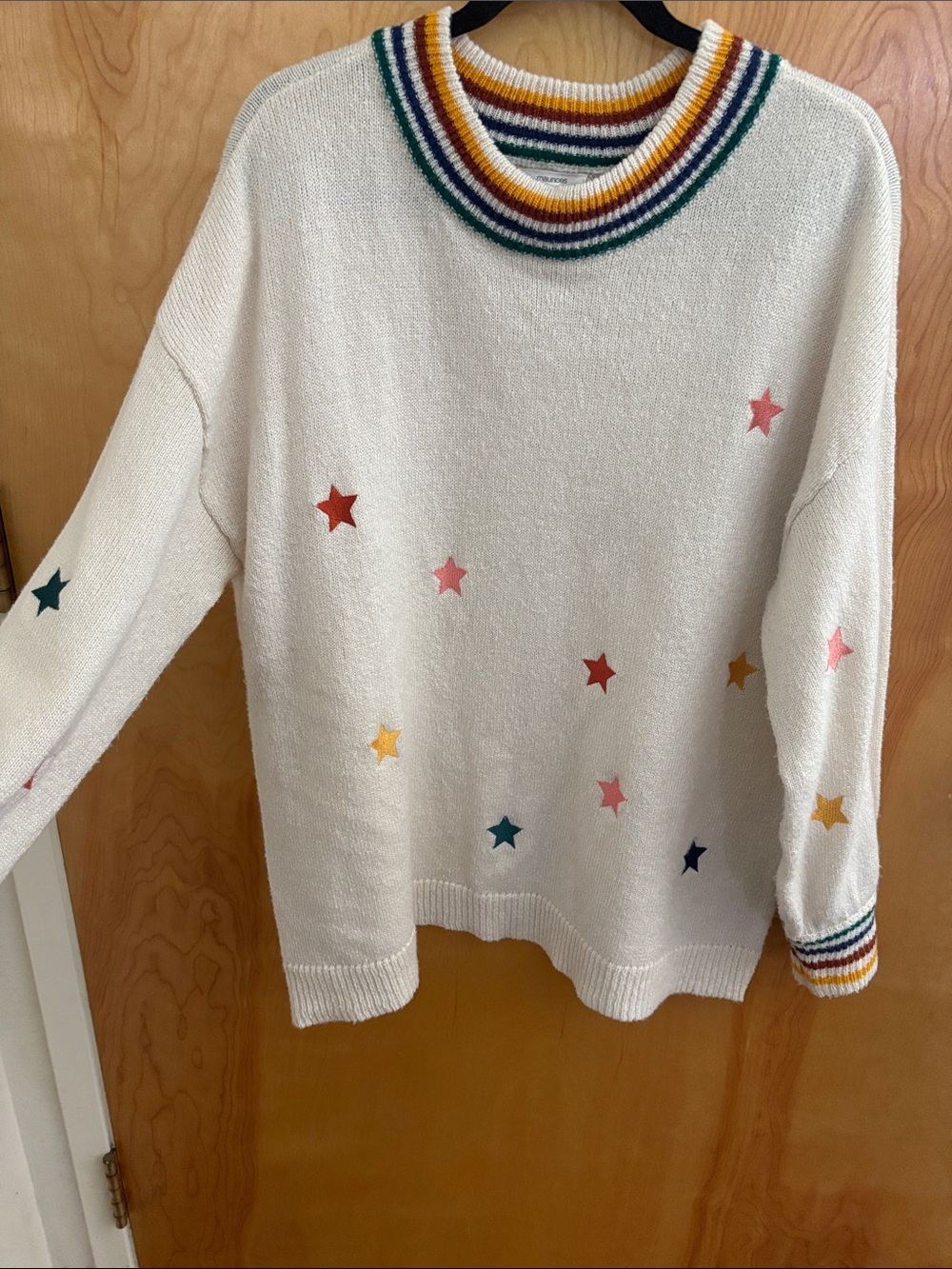 Maurices Cream Crewneck Sweater with Multicolor Star Embroidery